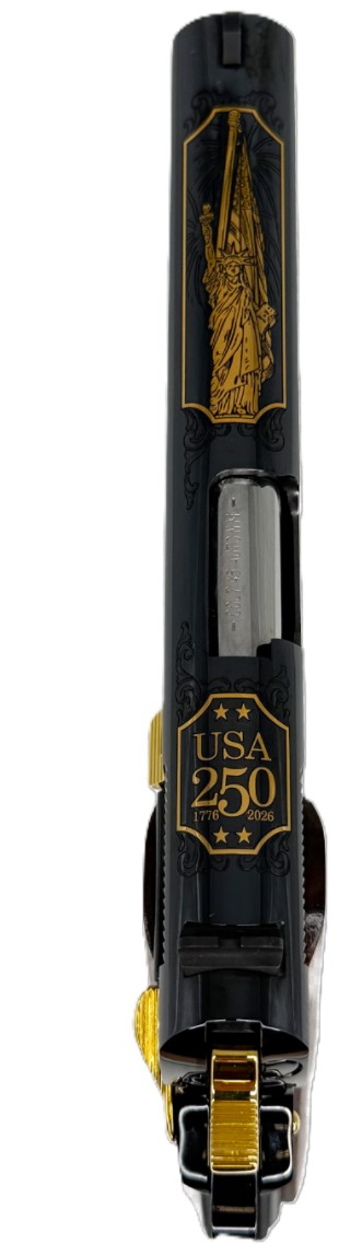 Gold-engraved slide detail: the Statue of Liberty above a USA 250, 1776 to 2026 cartouche.